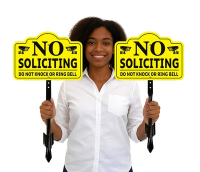 2-Pack No Soliciting Yard Sign with 16" Stake, Bold Yellow Do Not Knock or Ring Bell Sign, Rust-Free Aluminum Security Warning for Home Lawn