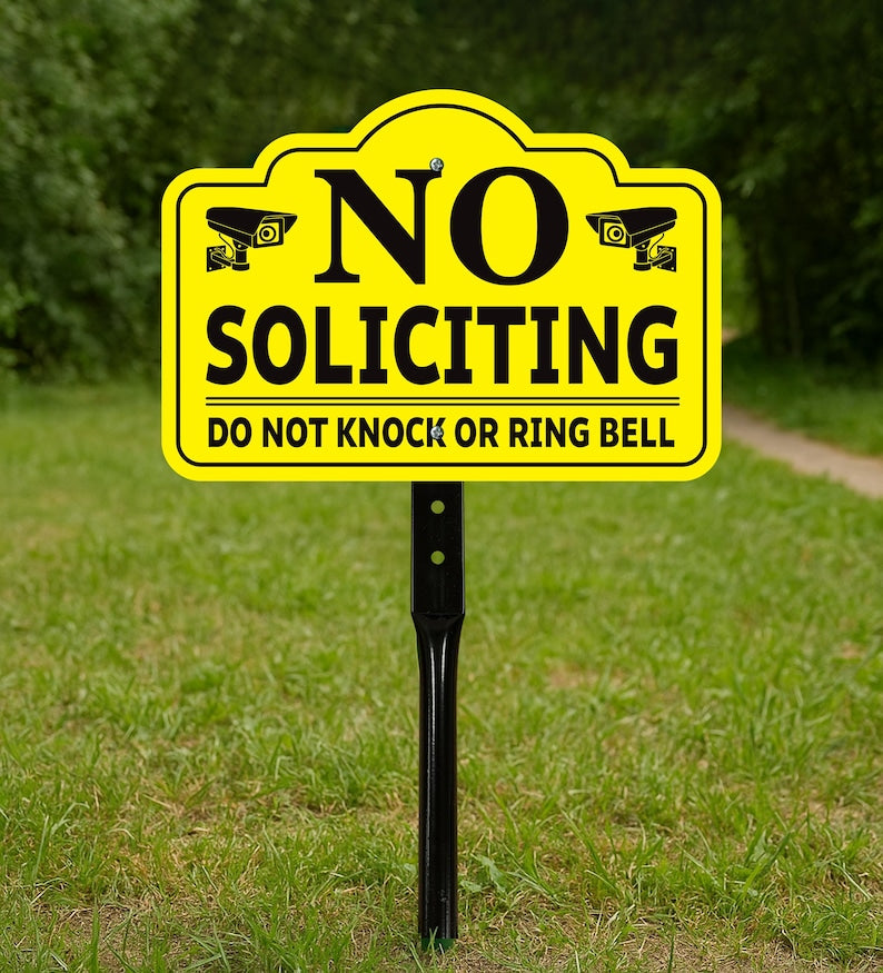 2-Pack No Soliciting Yard Sign with 16" Stake, Bold Yellow Do Not Knock or Ring Bell Sign, Rust-Free Aluminum Security Warning for Home Lawn