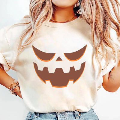 Halloween Pumpkin Face Short Sleeve Shirt, Jack-o’-Lantern Spooky Season Tee, Trendy Fall Pumpkin Short Sleeve Shirt