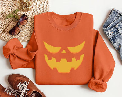Halloween Pumpkin Face Sweatshirt, Jack-o’-Lantern Spooky Season SweatShirt, Trendy Fall Pumpkin SweatShirt