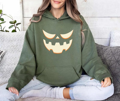 Halloween Pumpkin Face Hoodie, Jack-o’-Lantern Spooky Season Hoodie, Trendy Fall Pumpkin Hoodie