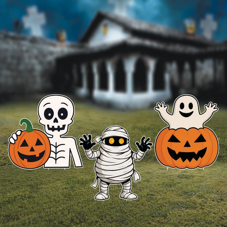 Halloween Yard Sign Stakes, Pumpkin Ghost Monster Lawn Decorations with Stakes, Outdoor Halloween Props for Party, Garden, or Walkway Decor