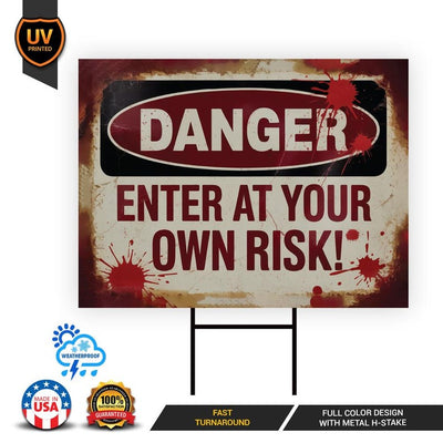 Enter At Your Own Risk Yard Sign, Bloody Halloween Horror Sign, Scary Outdoor Decoration, Haunted Party Lawn Sign with Metal H-Stake