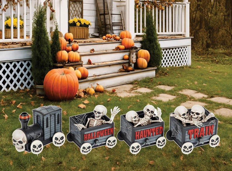 Pumpkin Skeleton Train Halloween Yard Signs with Stakes, Cute Trick or Treat Outdoor Lawn Decorations, Halloween Garden or Party Décor