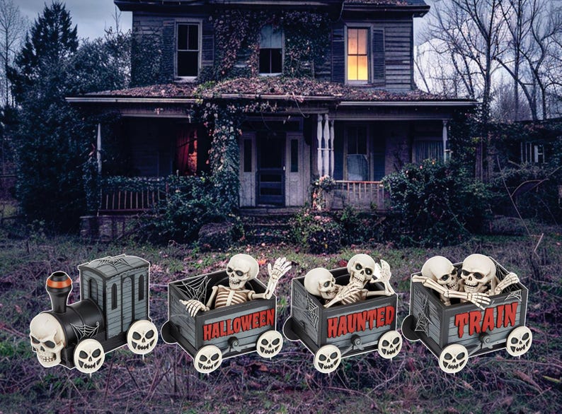 Pumpkin Skeleton Train Halloween Yard Signs with Stakes, Cute Trick or Treat Outdoor Lawn Decorations, Halloween Garden or Party Décor