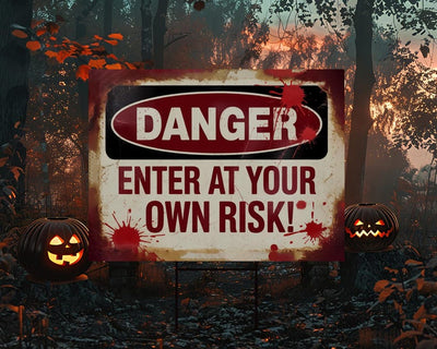 Enter At Your Own Risk Yard Sign, Bloody Halloween Horror Sign, Scary Outdoor Decoration, Haunted Party Lawn Sign with Metal H-Stake