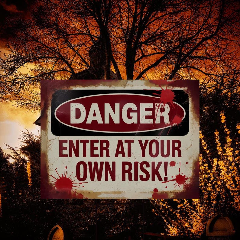 Enter At Your Own Risk Yard Sign, Bloody Halloween Horror Sign, Scary Outdoor Decoration, Haunted Party Lawn Sign with Metal H-Stake