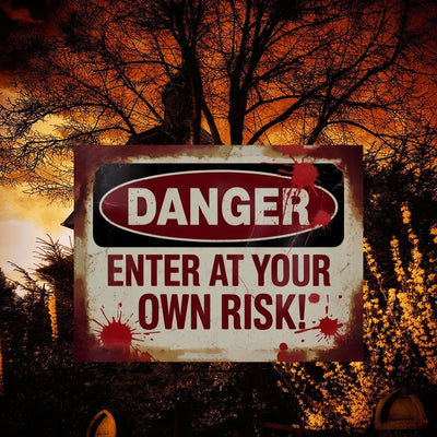 Enter At Your Own Risk Yard Sign, Bloody Halloween Horror Sign, Scary Outdoor Decoration, Haunted Party Lawn Sign with Metal H-Stake