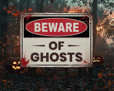 Beware of Ghosts Yard Sign, Keep Out Halloween Lawn Decoration, Scary Spooky Outdoor Decor, Creepy Circus Warning Sign with Metal H-Stake