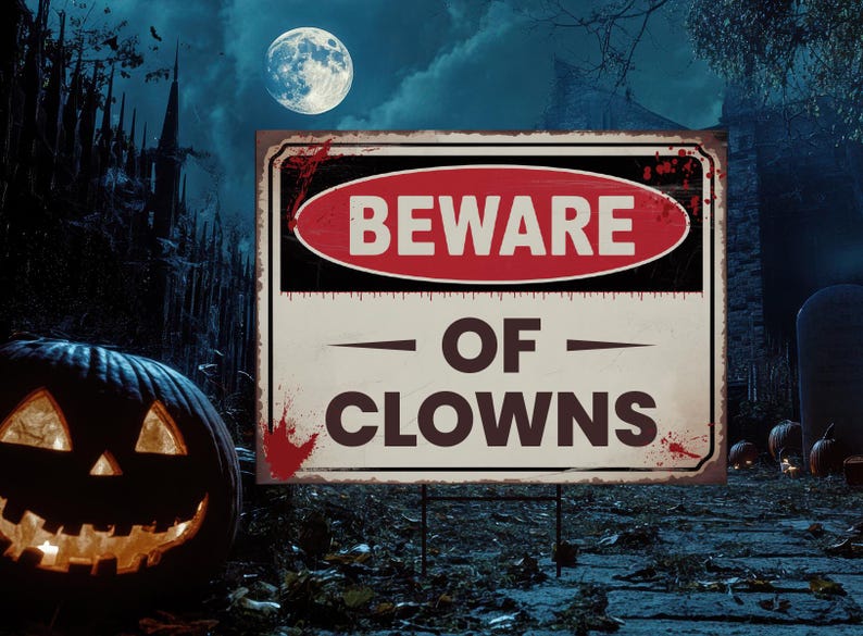 Beware of Clowns Yard Sign, Keep Out Halloween Lawn Decoration, Scary Spooky Outdoor Decor, Creepy Circus Warning Sign with Metal H-Stake