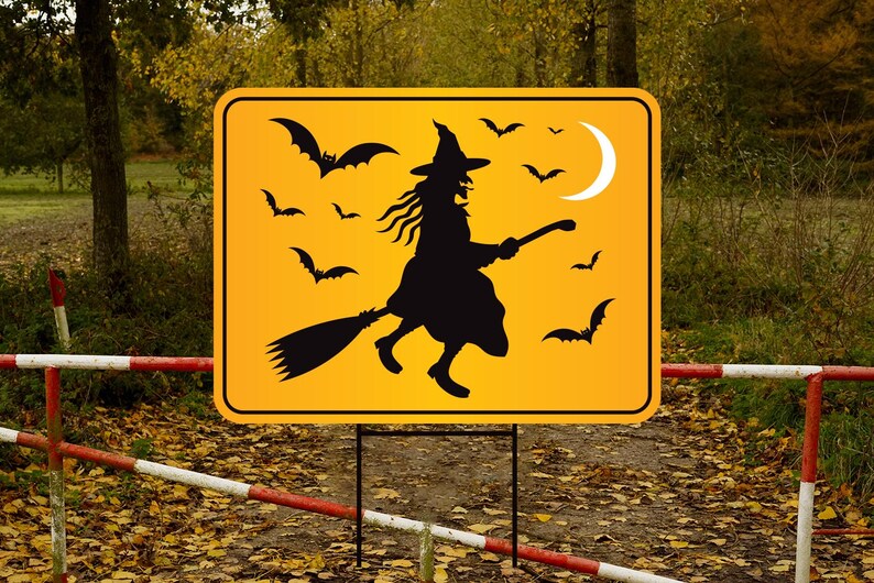 Funny Witch Crossing Yard Sign, Halloween Lawn Decoration with Stakes, Scary Outdoor Witch Sign, Spooky Fall Home Decor with Metal H-Stake