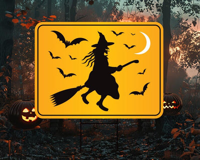 Funny Witch Crossing Yard Sign, Halloween Lawn Decoration with Stakes, Scary Outdoor Witch Sign, Spooky Fall Home Decor with Metal H-Stake