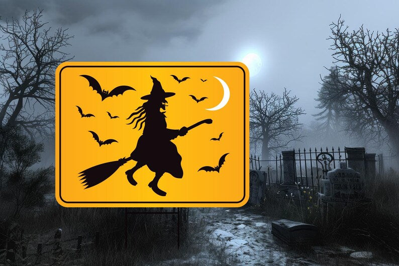 Funny Witch Crossing Yard Sign, Halloween Lawn Decoration with Stakes, Scary Outdoor Witch Sign, Spooky Fall Home Decor with Metal H-Stake