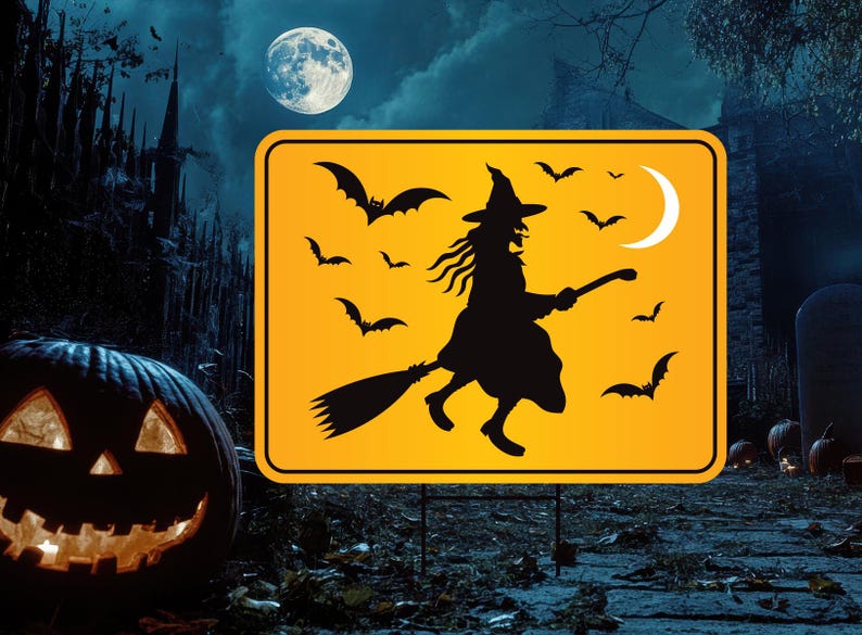 Funny Witch Crossing Yard Sign, Halloween Lawn Decoration with Stakes, Scary Outdoor Witch Sign, Spooky Fall Home Decor with Metal H-Stake