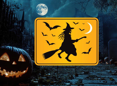 Funny Witch Crossing Yard Sign, Halloween Lawn Decoration with Stakes, Scary Outdoor Witch Sign, Spooky Fall Home Decor with Metal H-Stake