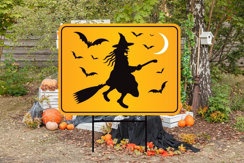 Funny Witch Crossing Yard Sign, Halloween Lawn Decoration with Stakes, Scary Outdoor Witch Sign, Spooky Fall Home Decor with Metal H-Stake