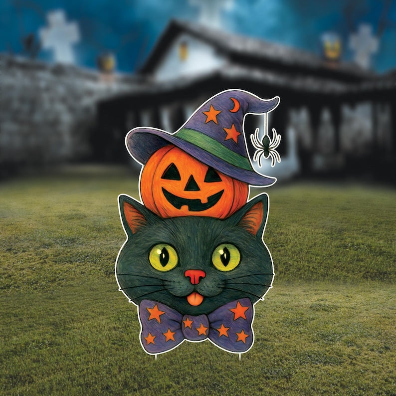 Cute Black Cat Pumpkin Halloween Yard Sign with Stakes, Outdoor Jack-O'-Lantern Lawn Decoration for Porch, Patio, or Garden Party Décor