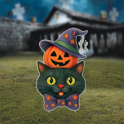 Cute Black Cat Pumpkin Halloween Yard Sign with Stakes, Outdoor Jack-O'-Lantern Lawn Decoration for Porch, Patio, or Garden Party Décor