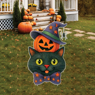 Cute Black Cat Pumpkin Halloween Yard Sign with Stakes, Outdoor Jack-O'-Lantern Lawn Decoration for Porch, Patio, or Garden Party Décor