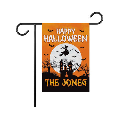 Personalized Happy Halloween Garden Flag, Flying Witch Yard Flag, Haunted Castle Fall Decor, Spooky Family Name Sign, Welcome Outdoor Flag