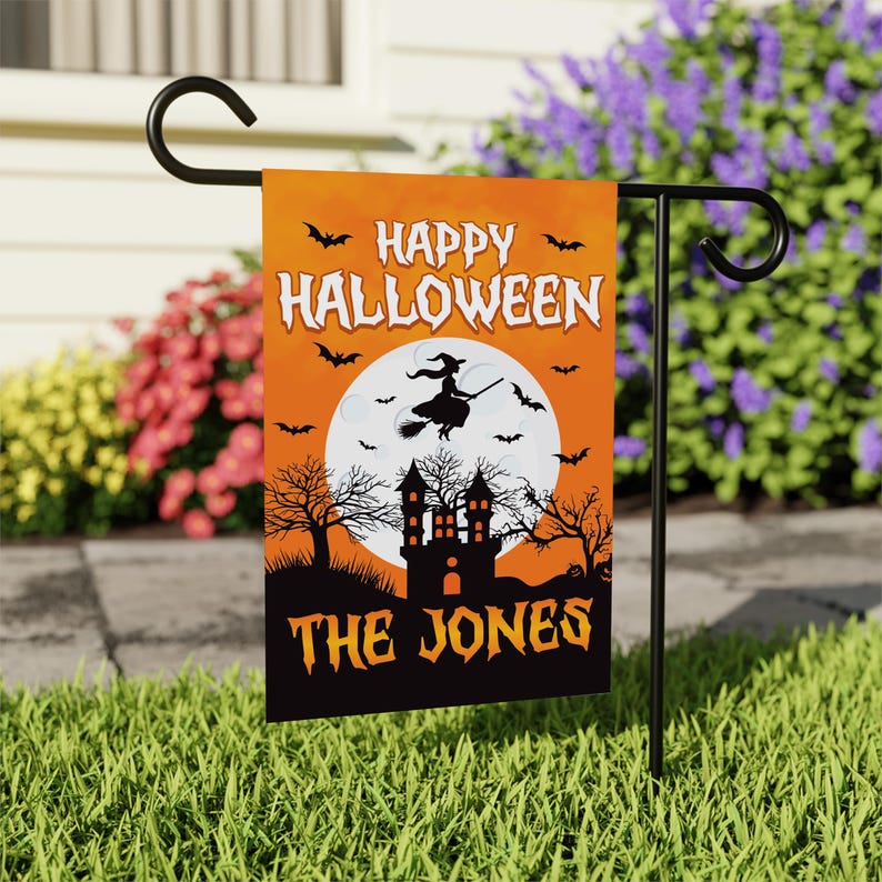 Personalized Happy Halloween Garden Flag, Flying Witch Yard Flag, Haunted Castle Fall Decor, Spooky Family Name Sign, Welcome Outdoor Flag