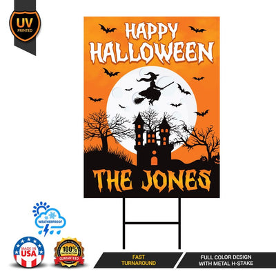 Personalized Halloween Yard Sign, Happy Halloween Witch Lawn Sign, Haunted House Fall Decor with Family Name, Outdoor Spooky Sign H-Stake