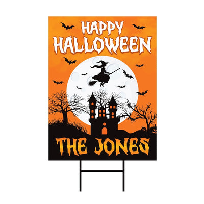 Personalized Halloween Yard Sign, Happy Halloween Witch Lawn Sign, Haunted House Fall Decor with Family Name, Outdoor Spooky Sign H-Stake