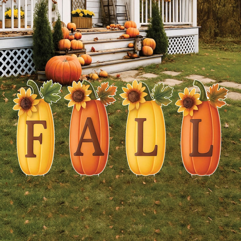 FALL Pumpkin Yard Signs, Outdoor Thanksgiving Lawn Decoration, Autumn Garden Stakes with Sunflower Accents, Porch Fall Decor Cutouts