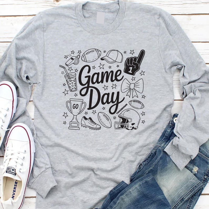 Game Day Doodle Long Sleeve Shirt, Cute Football Doodles Long Sleeve Shirt, Coquette Game Day Long Sleeve Shirt