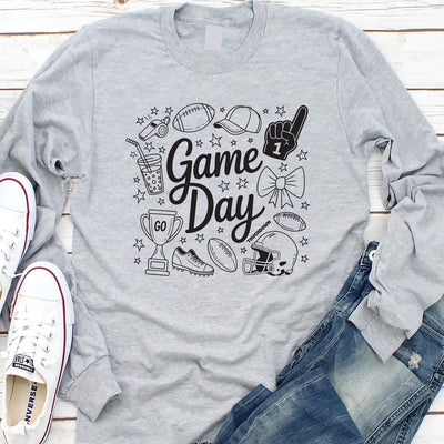 Game Day Doodle Long Sleeve Shirt, Cute Football Doodles Long Sleeve Shirt, Coquette Game Day Long Sleeve Shirt