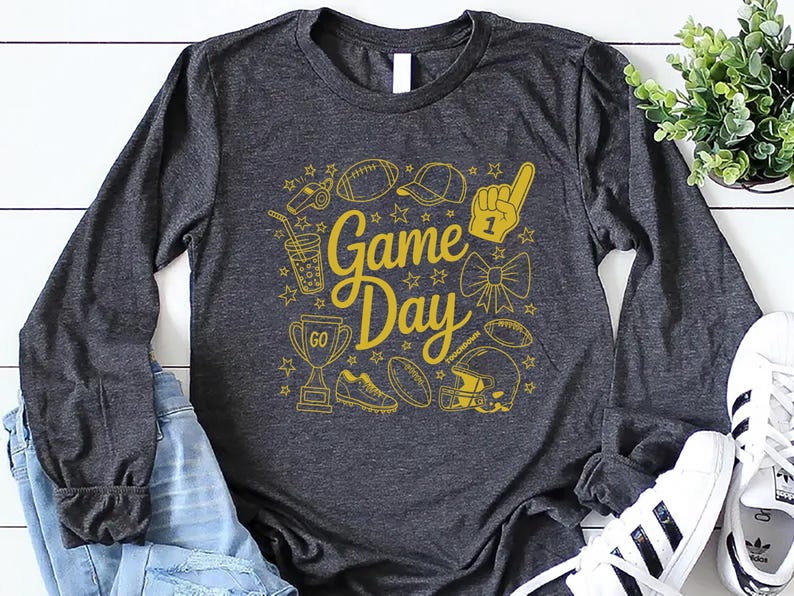 Game Day Doodle Long Sleeve Shirt, Cute Football Doodles Long Sleeve Shirt, Coquette Game Day Long Sleeve Shirt