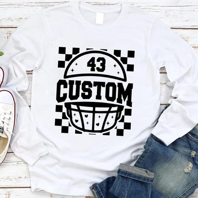 Custom Checkered Football Long Sleeve Shirt, Retro Game Day Mama Long Sleeve Shirt, Personalized Team & Number Long Sleeve Shirt