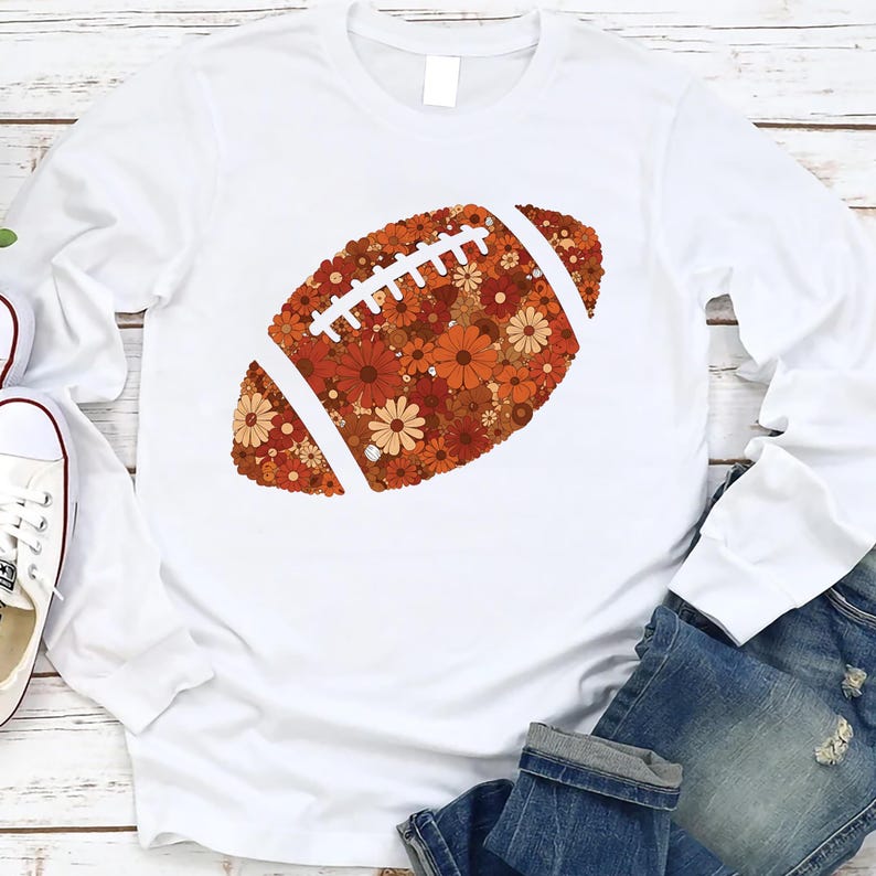 Floral Football Long Sleeve Shirt, Retro Boho Game Day Long Sleeve Shirt, Touchdown Season Brushstroke Long Sleeve Shirt