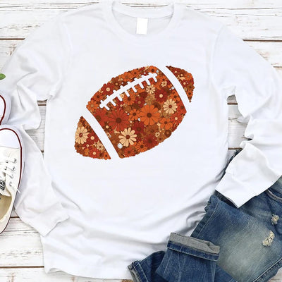 Floral Football Long Sleeve Shirt, Retro Boho Game Day Long Sleeve Shirt, Touchdown Season Brushstroke Long Sleeve Shirt