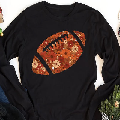 Floral Football Long Sleeve Shirt, Retro Boho Game Day Long Sleeve Shirt, Touchdown Season Brushstroke Long Sleeve Shirt