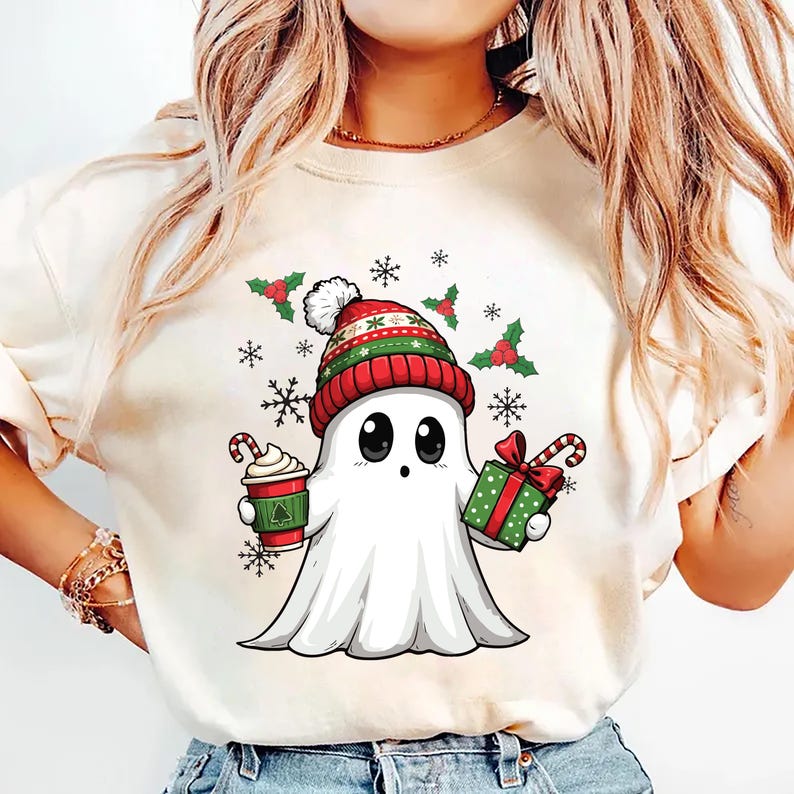 Ghost Santa Christmas Short Sleeve Shirt, Holiday Christmas Ghost Tee, Cute Xmas Spirit Short Sleeve Shirt