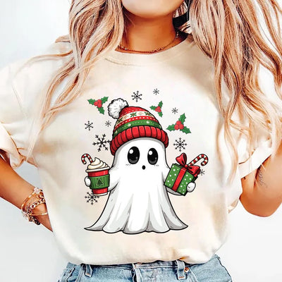 Ghost Santa Christmas Short Sleeve Shirt, Holiday Christmas Ghost Tee, Cute Xmas Spirit Short Sleeve Shirt