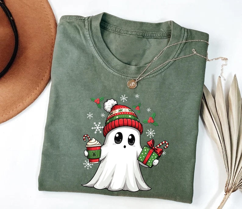 Ghost Santa Christmas Short Sleeve Shirt, Holiday Christmas Ghost Tee, Cute Xmas Spirit Short Sleeve Shirt