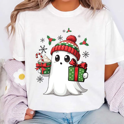 Ghost Santa Christmas Short Sleeve Shirt, Holiday Christmas Ghost Tee, Cute Xmas Spirit Short Sleeve Shirt
