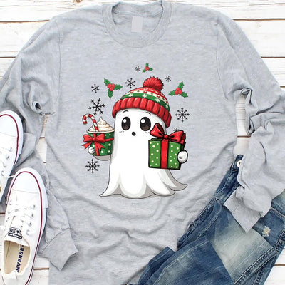 Ghost Santa Christmas Long Sleeve Shirt, Holiday Christmas Ghost Long Sleeve Shirt, Cute Xmas Spirit Long Sleeve Shirt