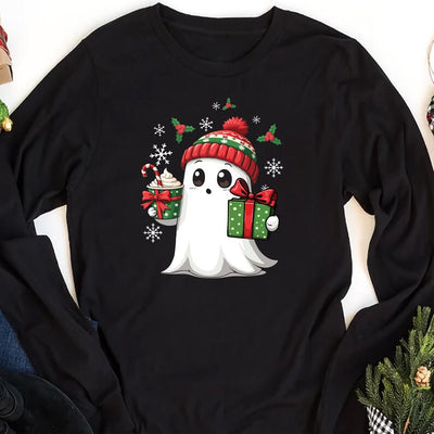 Ghost Santa Christmas Long Sleeve Shirt, Holiday Christmas Ghost Long Sleeve Shirt, Cute Xmas Spirit Long Sleeve Shirt