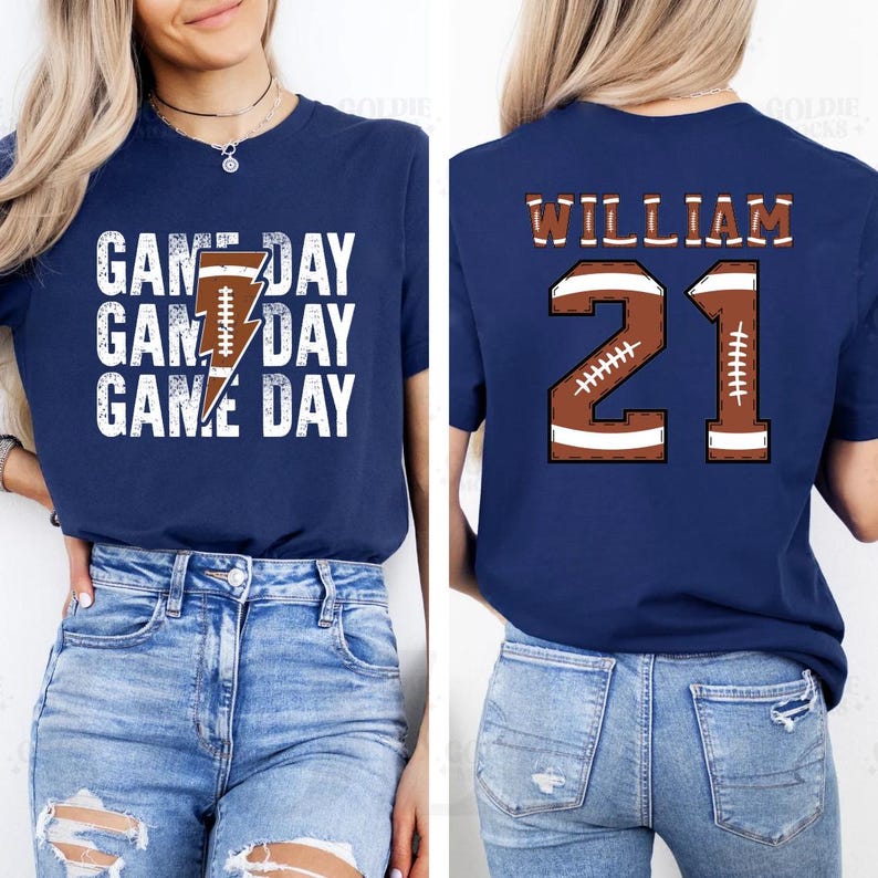 Personalized Football Game Day Short Sleeve Shirt, Custom Game Day Mom Football Tee, Child Name & Number Football Short Sleeve Shirt
