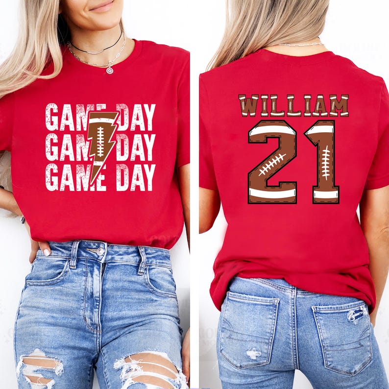 Personalized Football Game Day Short Sleeve Shirt, Custom Game Day Mom Football Tee, Child Name & Number Football Short Sleeve Shirt