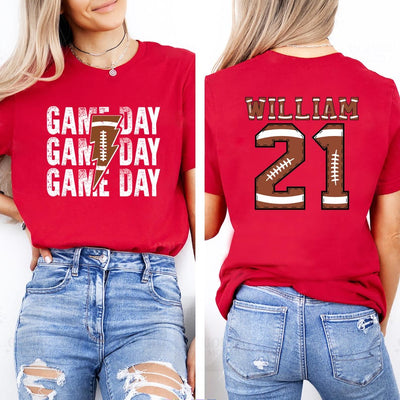 Personalized Football Game Day Short Sleeve Shirt, Custom Game Day Mom Football Tee, Child Name & Number Football Short Sleeve Shirt