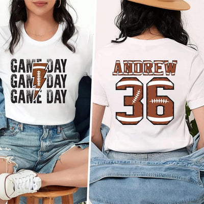 Personalized Football Game Day Short Sleeve Shirt, Custom Game Day Mom Football Tee, Child Name & Number Football Short Sleeve Shirt