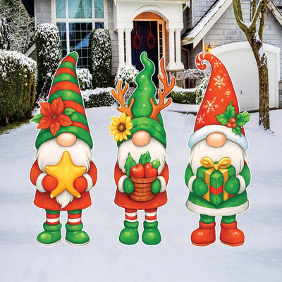 Christmas Gnome Yard Decorations, Holiday Porch Decor Outdoor Set, Winter Lawn Stakes with Gift Basket Star, Xmas Garden Decorations