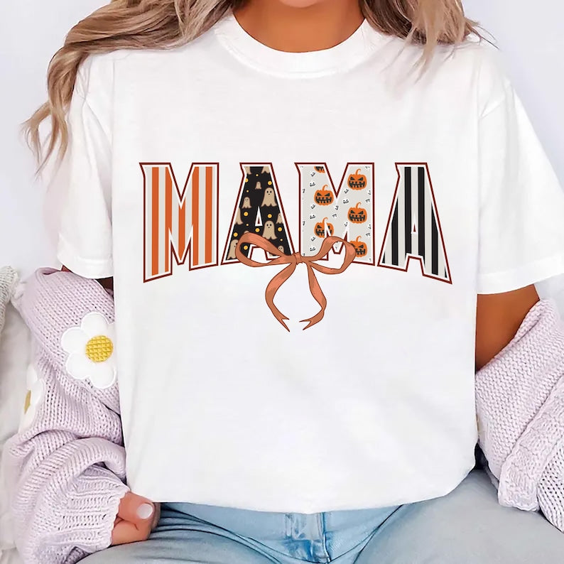 Coquette Halloween Mama Short Sleeve Shirt, Retro Spooky Mama Fall Tee, Cute Halloween Mom Short Sleeve Shirt