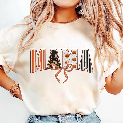 Coquette Halloween Mama Short Sleeve Shirt, Retro Spooky Mama Fall Tee, Cute Halloween Mom Short Sleeve Shirt