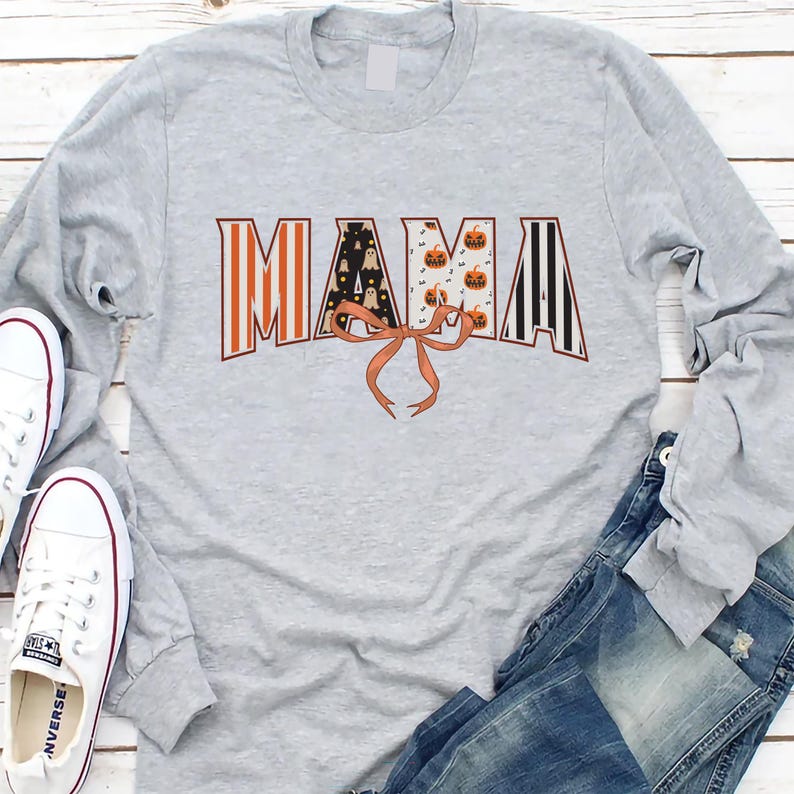 Coquette Halloween Mama Long Sleeve Shirt, Retro Spooky Mama Fall Long Sleeve Shirt, Cute Halloween Mom Long Sleeve Shirt