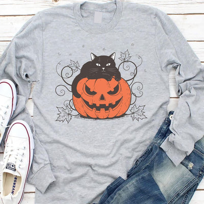 Cute Halloween Black Cat Long Sleeve Shirt, Spooky Pumpkin Halloween Long Sleeve Shirt, Trendy Halloween Crewneck Long Sleeve Shirt